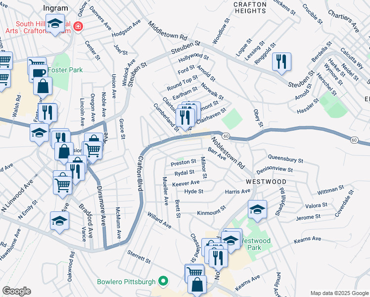 map of restaurants, bars, coffee shops, grocery stores, and more near 1444 Barr Avenue in Pittsburgh