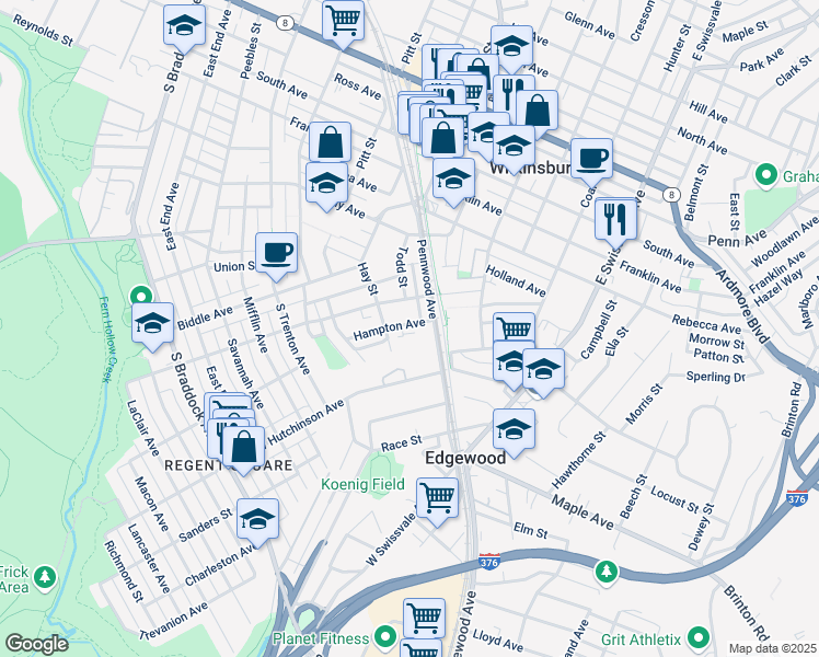 map of restaurants, bars, coffee shops, grocery stores, and more near 616 Hampton Avenue in Pittsburgh