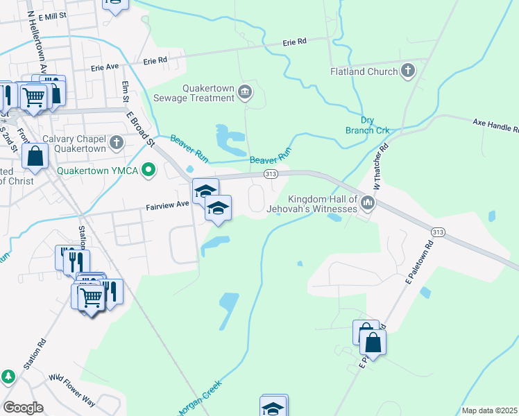 map of restaurants, bars, coffee shops, grocery stores, and more near 40 Essex Court in Quakertown