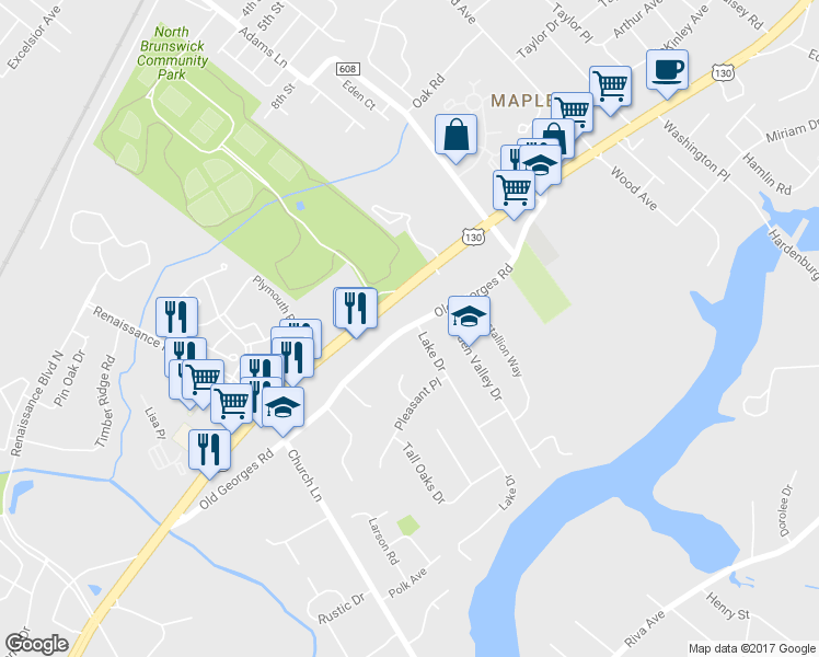 map of restaurants, bars, coffee shops, grocery stores, and more near 380 Old Georges Road in North Brunswick Township