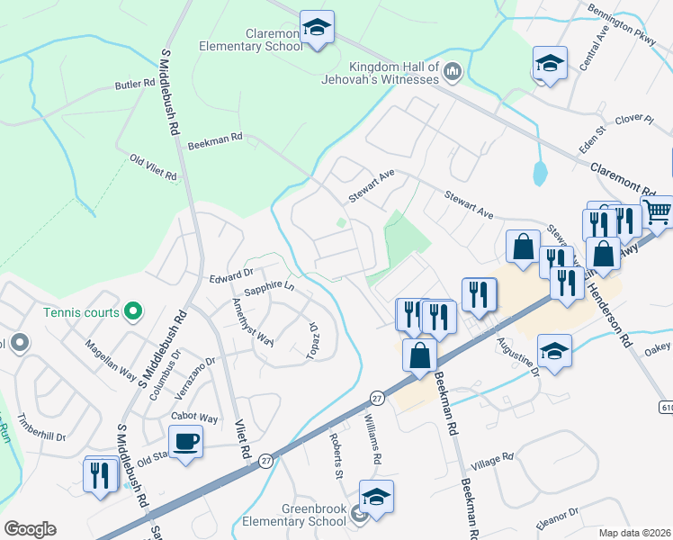 map of restaurants, bars, coffee shops, grocery stores, and more near 191 Rachel Court in Franklin Township