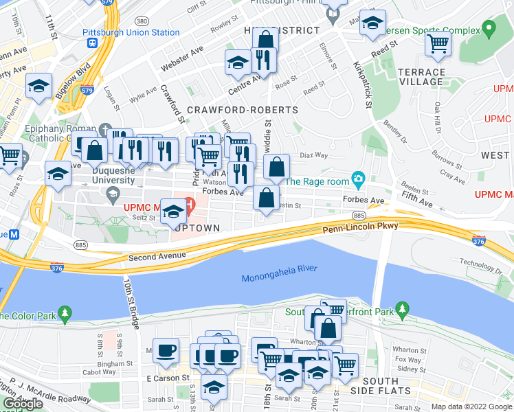 map of restaurants, bars, coffee shops, grocery stores, and more near 302 Miltenberger Street in Pittsburgh