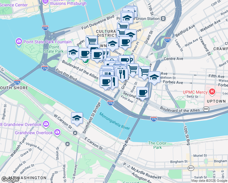 map of restaurants, bars, coffee shops, grocery stores, and more near 429 First Avenue in Pittsburgh