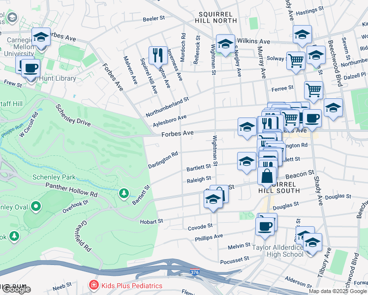 map of restaurants, bars, coffee shops, grocery stores, and more near 5505 Darlington Rd in Pittsburgh