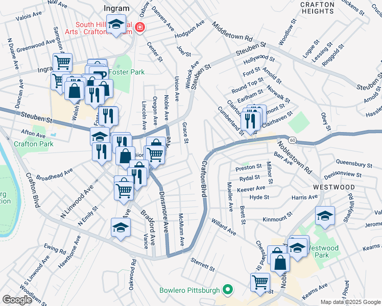 map of restaurants, bars, coffee shops, grocery stores, and more near 137 Crafton Avenue in Crafton