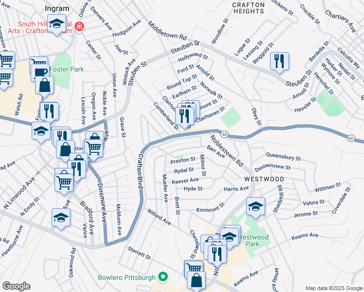 map of restaurants, bars, coffee shops, grocery stores, and more near 1444 Barr Ave in Pittsburgh