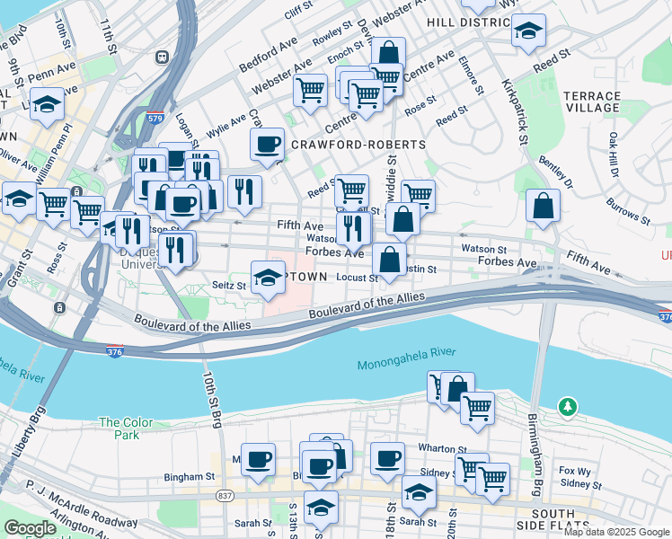 map of restaurants, bars, coffee shops, grocery stores, and more near 308 Van Braam Street in Pittsburgh