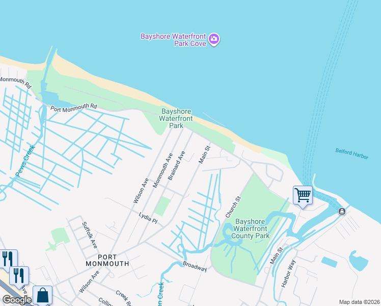 map of restaurants, bars, coffee shops, grocery stores, and more near 22 Main Street in Port Monmouth