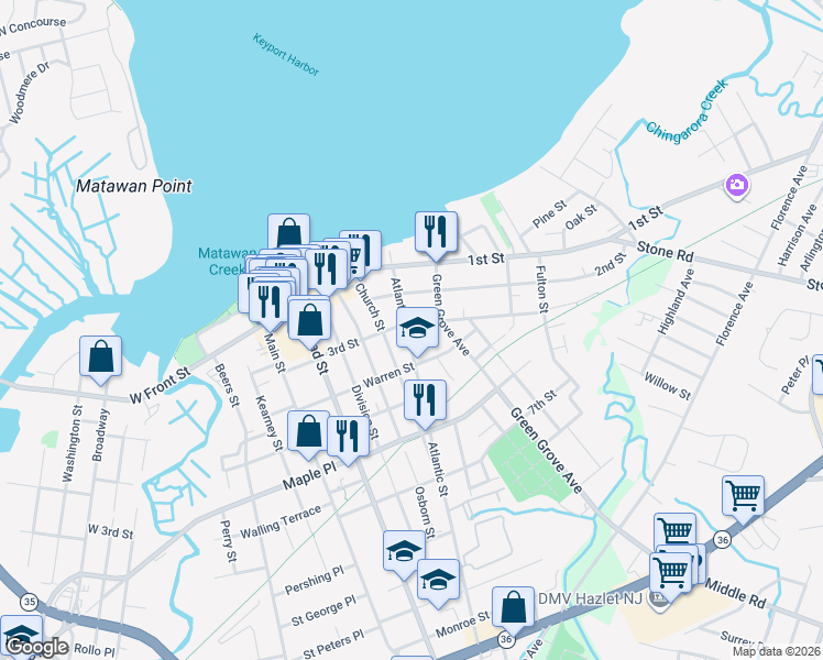 map of restaurants, bars, coffee shops, grocery stores, and more near 61 Atlantic Street in Keyport