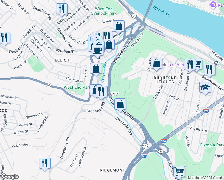 map of restaurants, bars, coffee shops, grocery stores, and more near in Pittsburgh