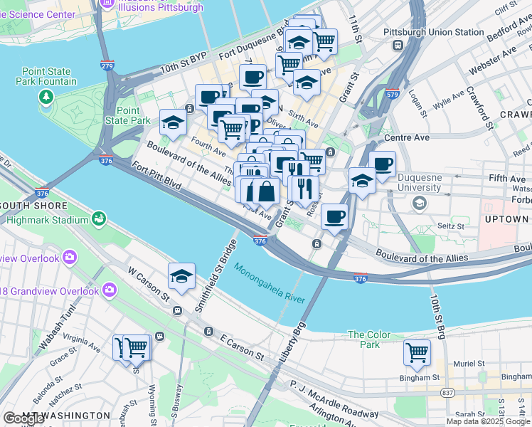 map of restaurants, bars, coffee shops, grocery stores, and more near 425 First Avenue in Pittsburgh