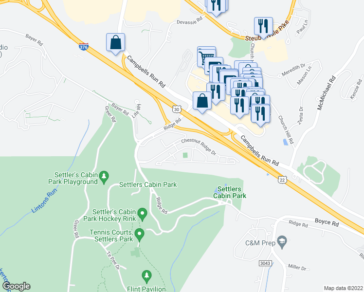 map of restaurants, bars, coffee shops, grocery stores, and more near 911 Chestnut Ridge Drive in Pittsburgh