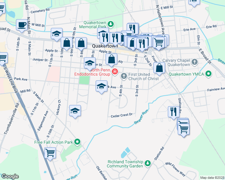 map of restaurants, bars, coffee shops, grocery stores, and more near 201 South 5th Street in Quakertown