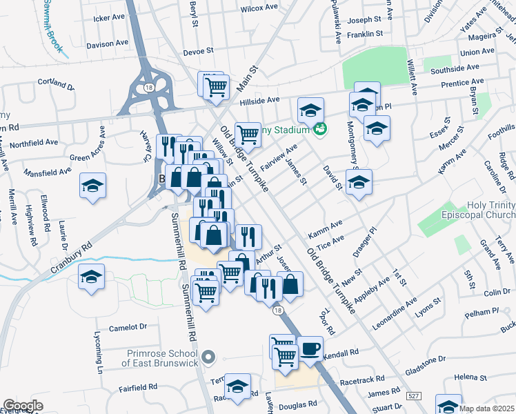 map of restaurants, bars, coffee shops, grocery stores, and more near 173 Willow Street in East Brunswick