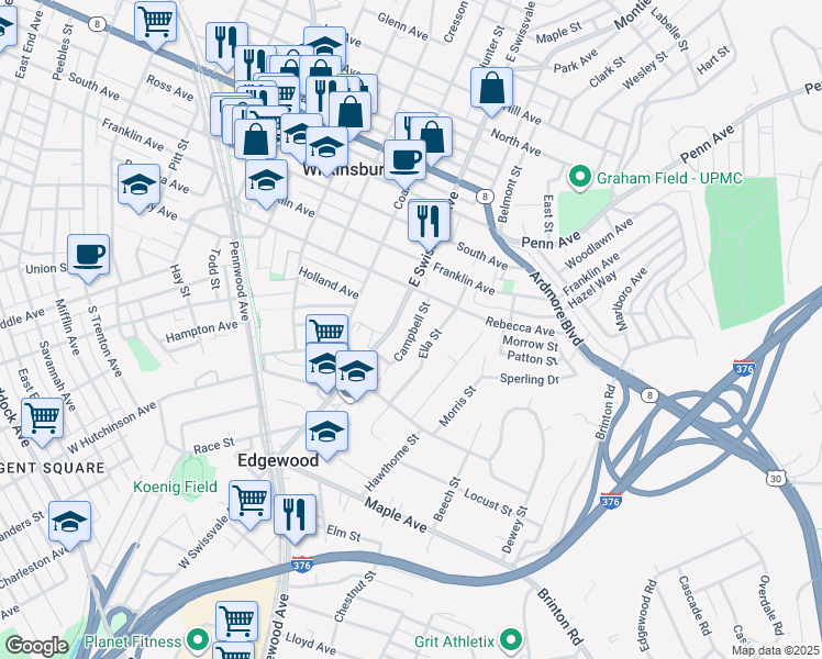 map of restaurants, bars, coffee shops, grocery stores, and more near 545 Campbell Street in Pittsburgh