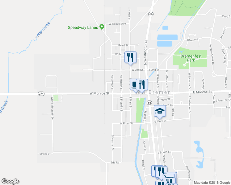 map of restaurants, bars, coffee shops, grocery stores, and more near 316 West Monroe Street in New Bremen
