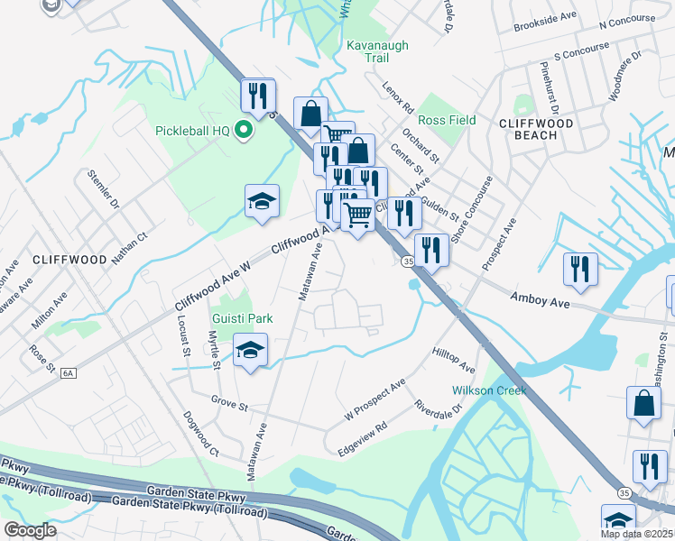 map of restaurants, bars, coffee shops, grocery stores, and more near 324A Matawan Avenue in Aberdeen Township