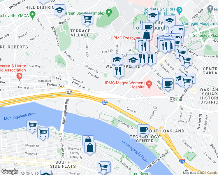 map of restaurants, bars, coffee shops, grocery stores, and more near 2543 Beelen Street in Pittsburgh