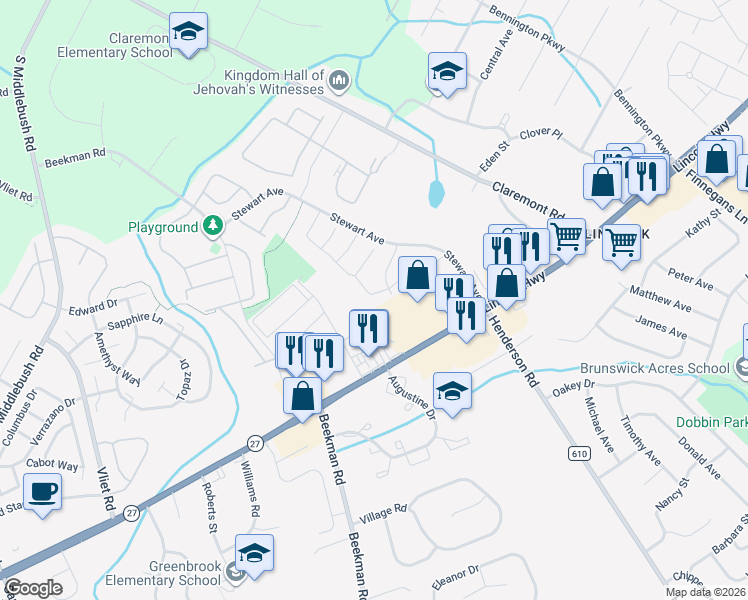 map of restaurants, bars, coffee shops, grocery stores, and more near 92 Fisher Drive in Franklin Township