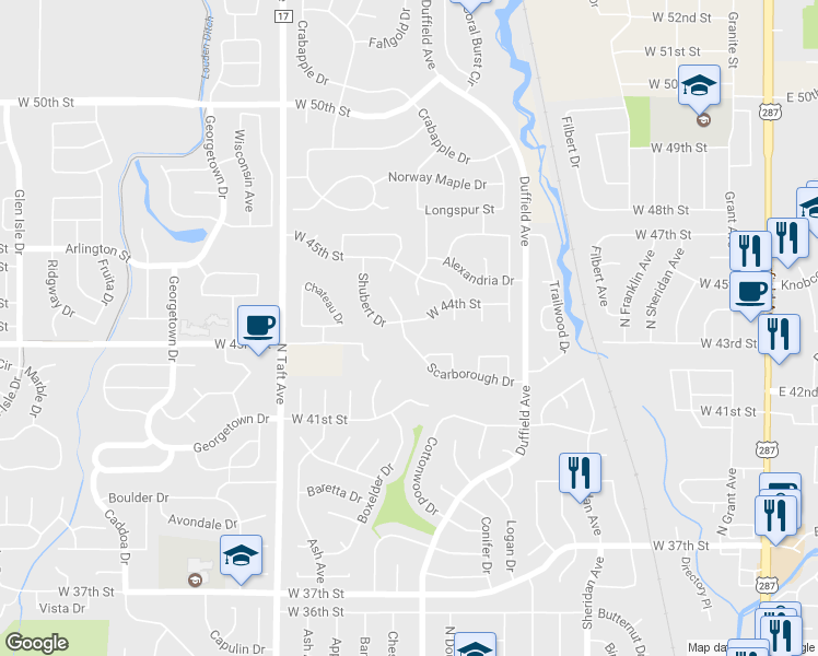 map of restaurants, bars, coffee shops, grocery stores, and more near 1050 West 44th Street in Loveland
