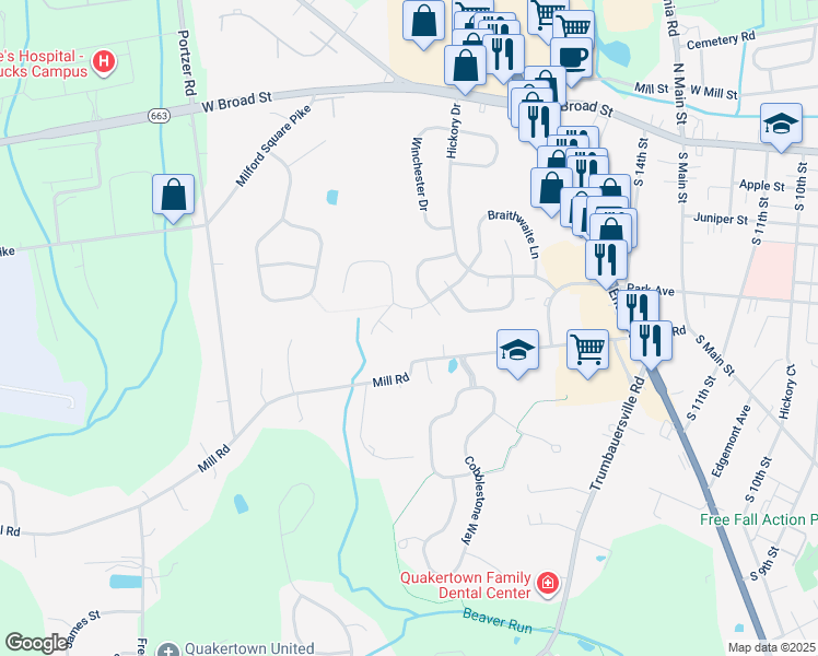 map of restaurants, bars, coffee shops, grocery stores, and more near 12 Fox Court in Quakertown