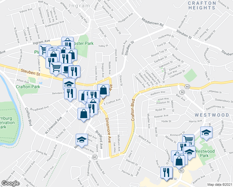 map of restaurants, bars, coffee shops, grocery stores, and more near 34 Union Ave in Crafton