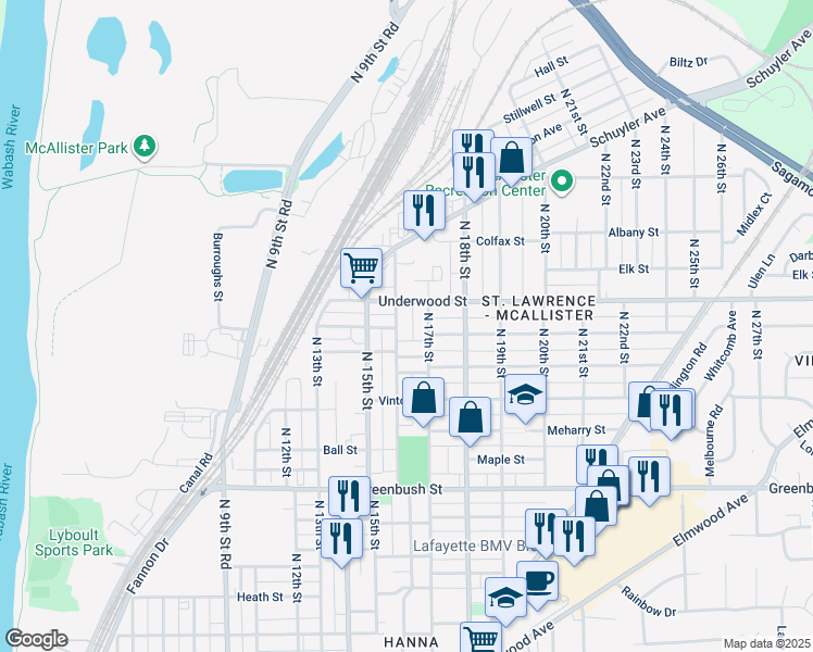 map of restaurants, bars, coffee shops, grocery stores, and more near 2007 North 16th Street in Lafayette