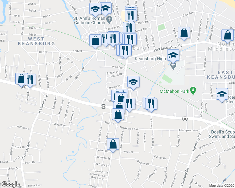 map of restaurants, bars, coffee shops, grocery stores, and more near 15 Lohsen Avenue in Keansburg