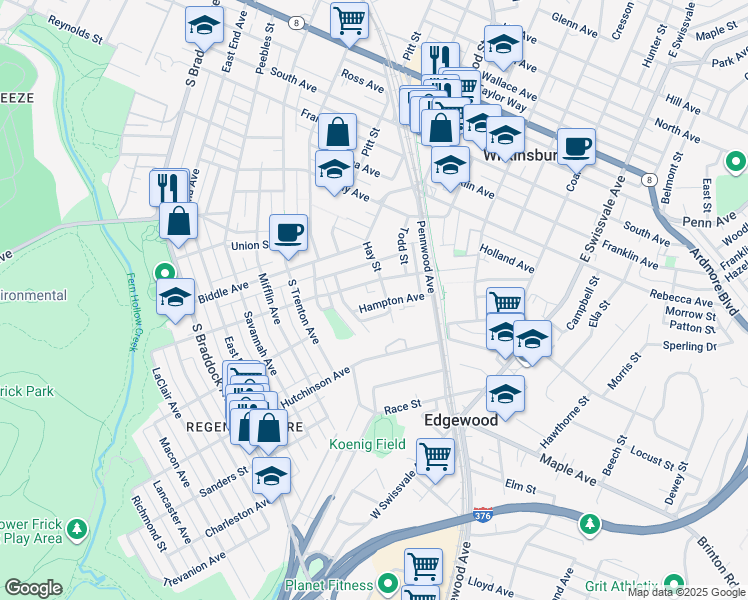 map of restaurants, bars, coffee shops, grocery stores, and more near 417 Hampton Avenue in Pittsburgh