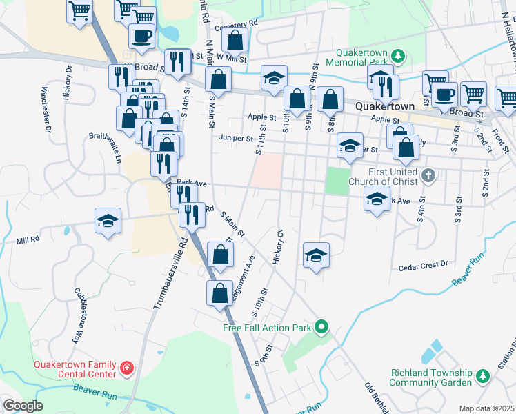 map of restaurants, bars, coffee shops, grocery stores, and more near 30 Rosemont Drive in Quakertown