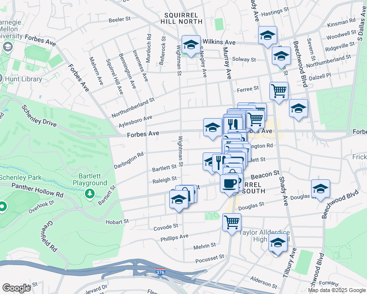 map of restaurants, bars, coffee shops, grocery stores, and more near 5601 Darlington Road in Pittsburgh