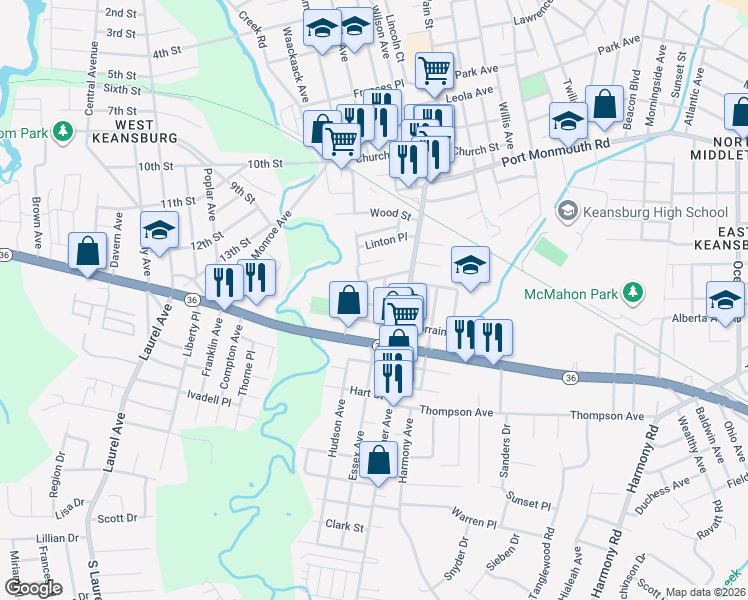 map of restaurants, bars, coffee shops, grocery stores, and more near 95 Leroy Place in Keansburg