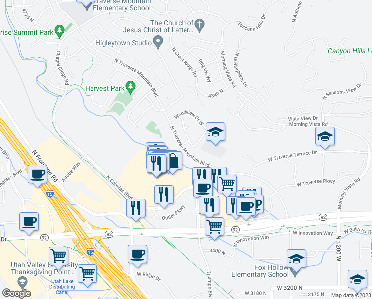 map of restaurants, bars, coffee shops, grocery stores, and more near 4001 Heatherfield Lane North in Lehi