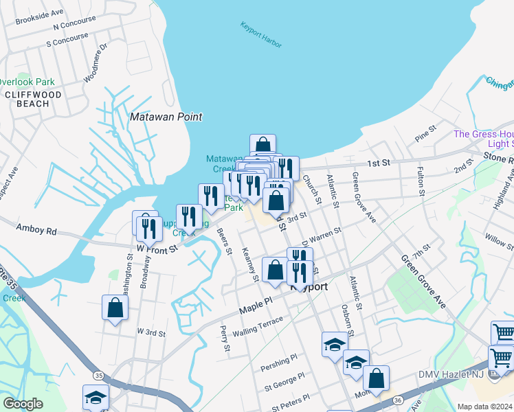 map of restaurants, bars, coffee shops, grocery stores, and more near 42 West Front Street in Keyport