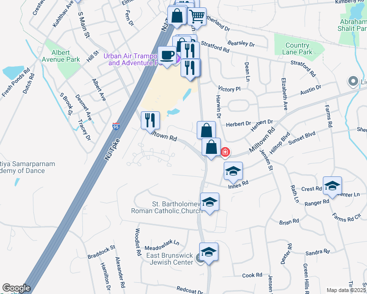 map of restaurants, bars, coffee shops, grocery stores, and more near 291 Milltown Road in East Brunswick