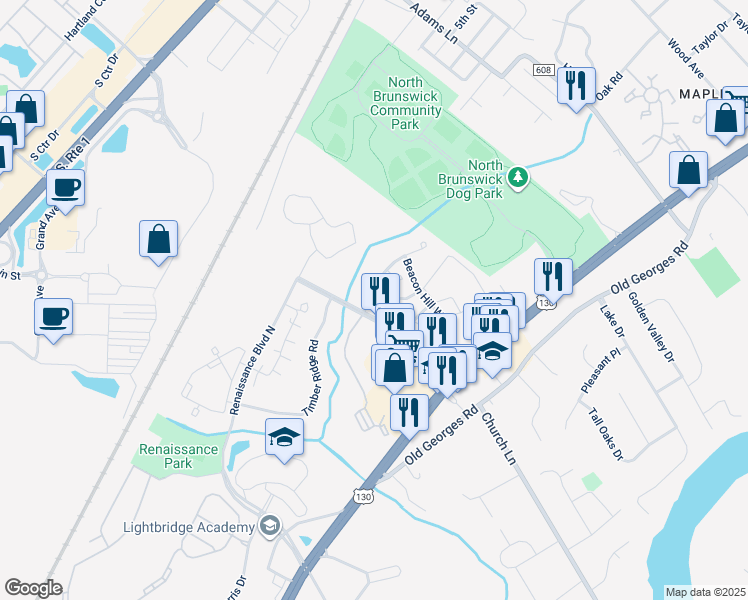 map of restaurants, bars, coffee shops, grocery stores, and more near 116 Salem Road in North Brunswick Township