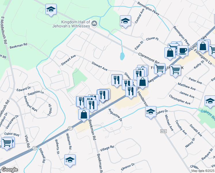 map of restaurants, bars, coffee shops, grocery stores, and more near 82 Fisher Drive in Franklin Township