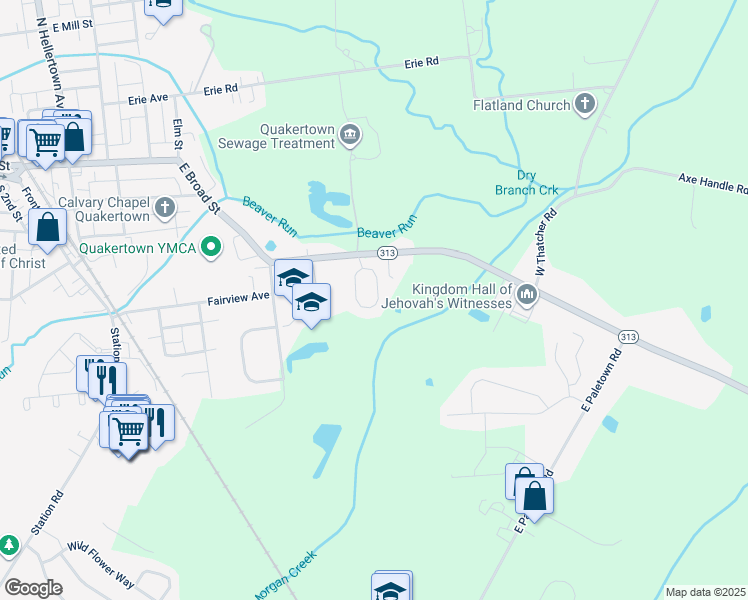 map of restaurants, bars, coffee shops, grocery stores, and more near 40 Essex Court in Quakertown