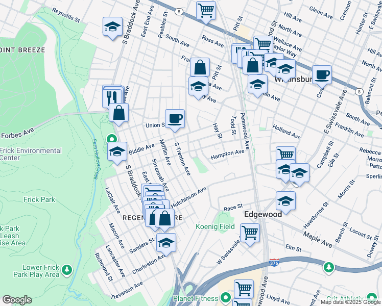 map of restaurants, bars, coffee shops, grocery stores, and more near 833 South Trenton Avenue in Pittsburgh