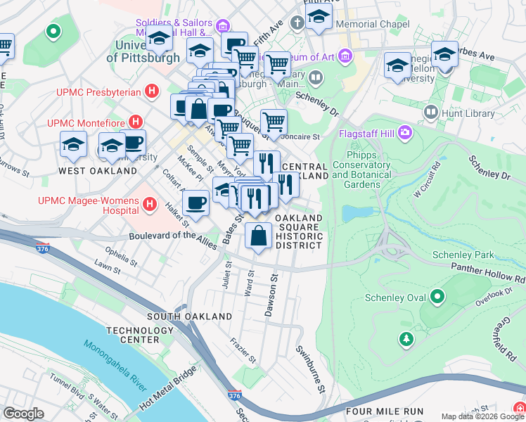 map of restaurants, bars, coffee shops, grocery stores, and more near in Pittsburgh