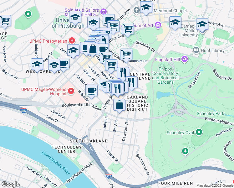 map of restaurants, bars, coffee shops, grocery stores, and more near in Pittsburgh