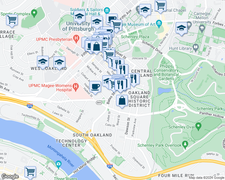 map of restaurants, bars, coffee shops, grocery stores, and more near in Pittsburgh