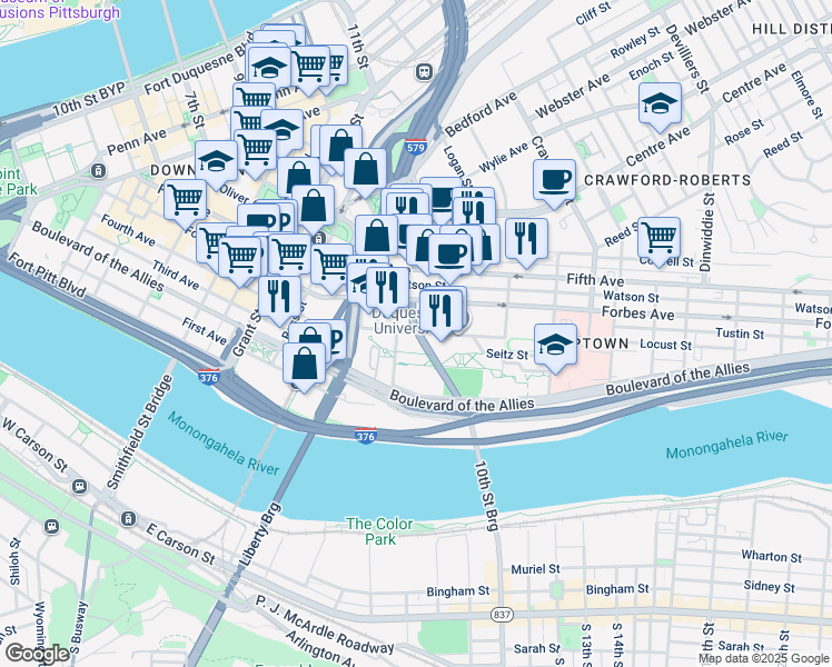 map of restaurants, bars, coffee shops, grocery stores, and more near 900 Locust Street in Pittsburgh