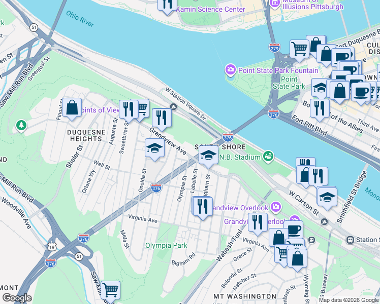 map of restaurants, bars, coffee shops, grocery stores, and more near 916 Grandview Avenue in Pittsburgh