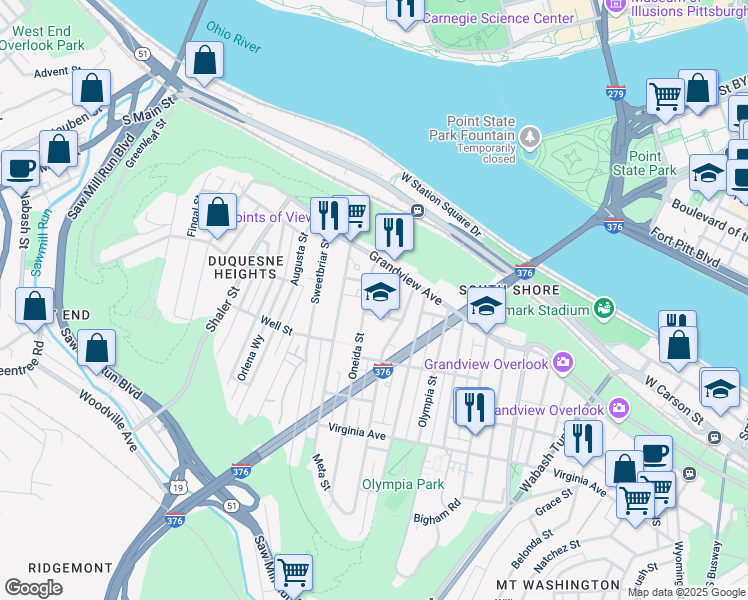 map of restaurants, bars, coffee shops, grocery stores, and more near 126 Cohassett Street in Pittsburgh