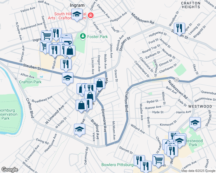 map of restaurants, bars, coffee shops, grocery stores, and more near 34 Union Avenue in Crafton