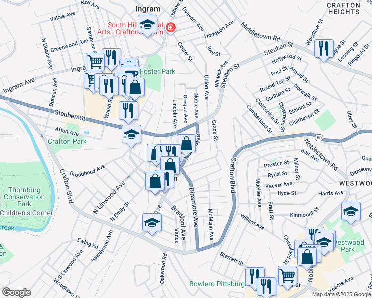 map of restaurants, bars, coffee shops, grocery stores, and more near in Crafton