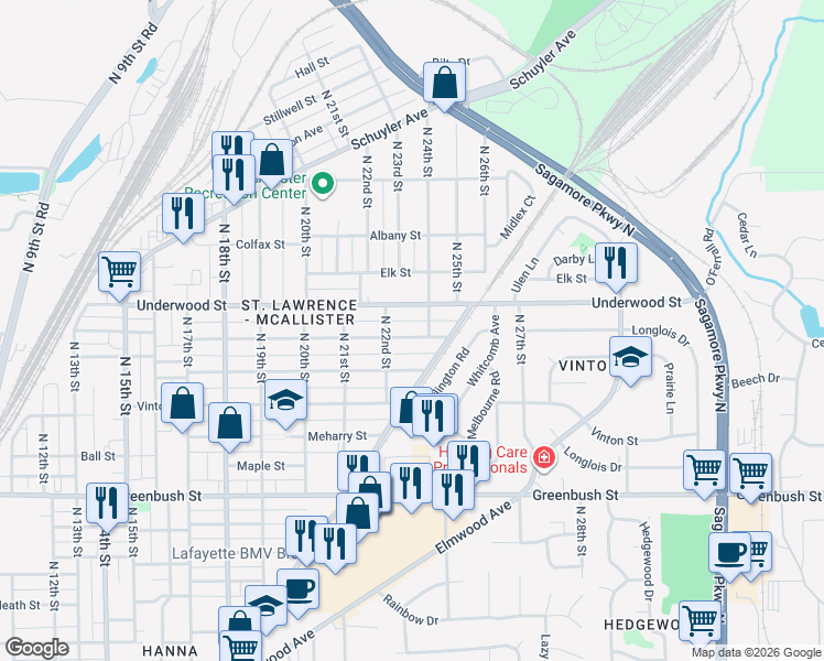 map of restaurants, bars, coffee shops, grocery stores, and more near 2206 Charles St in Lafayette