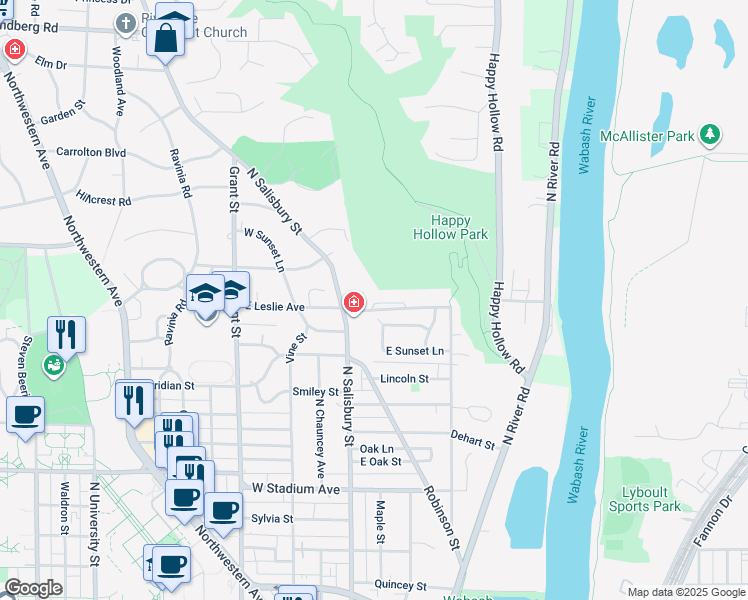 map of restaurants, bars, coffee shops, grocery stores, and more near 1104 Sunset Court in West Lafayette