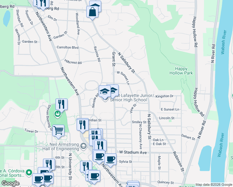 map of restaurants, bars, coffee shops, grocery stores, and more near 334 Leslie Court in West Lafayette